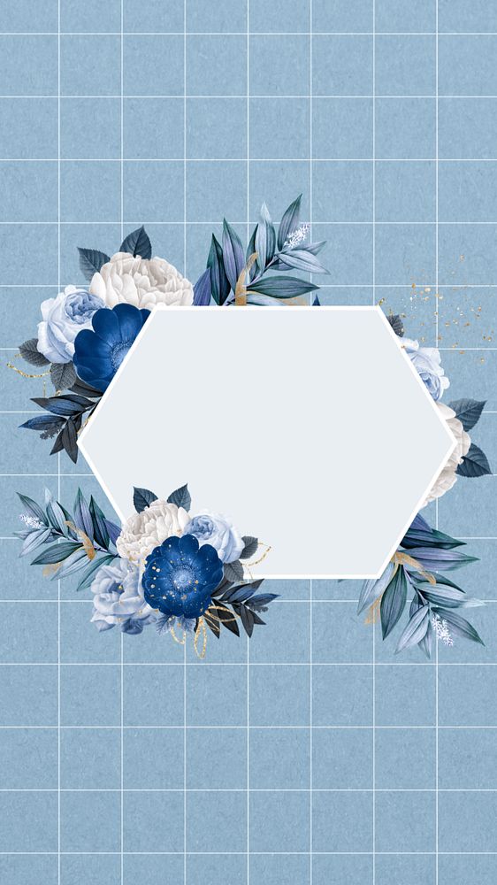 Blue flower frame iPhone wallpaper, Winter season background, editable design