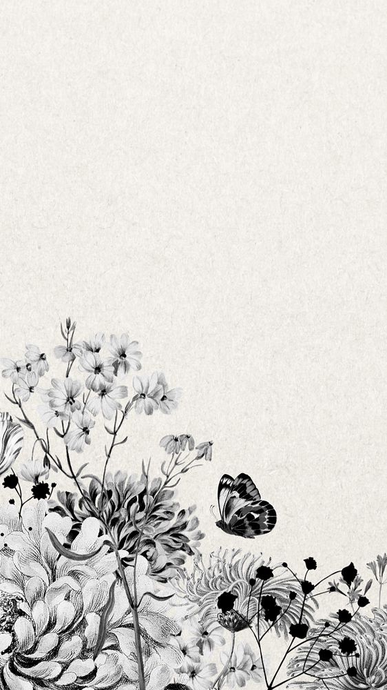 Vintage flower border mobile wallpaper, black and white botanical illustration, editable design