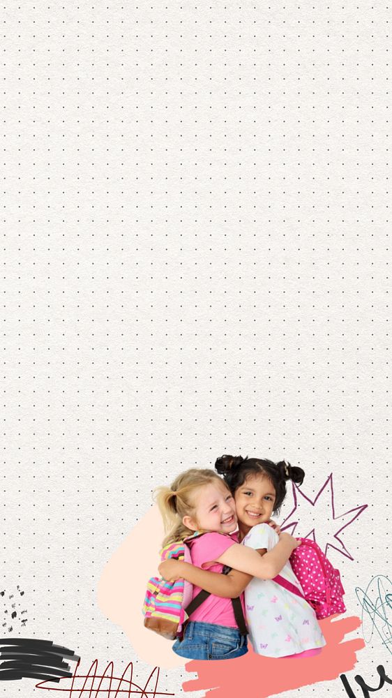 Little girls hugging mobile wallpaper, education collage art, editable design