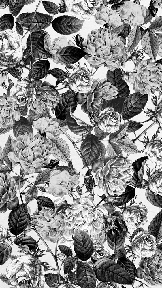 Vintage wildflower pattern mobile wallpaper, black and white botanical illustration, editable design