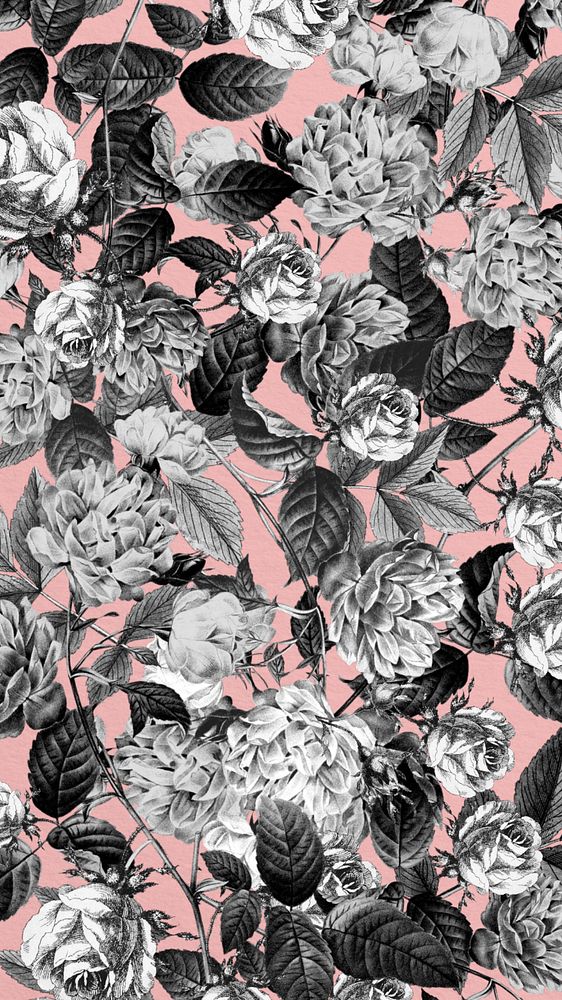 Vintage wildflower pattern mobile wallpaper, black and white botanical illustration, editable design