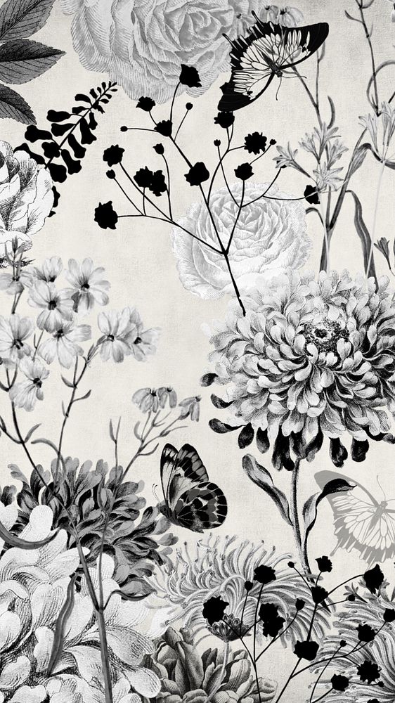 Vintage flower phone wallpaper, black and white background, editable design