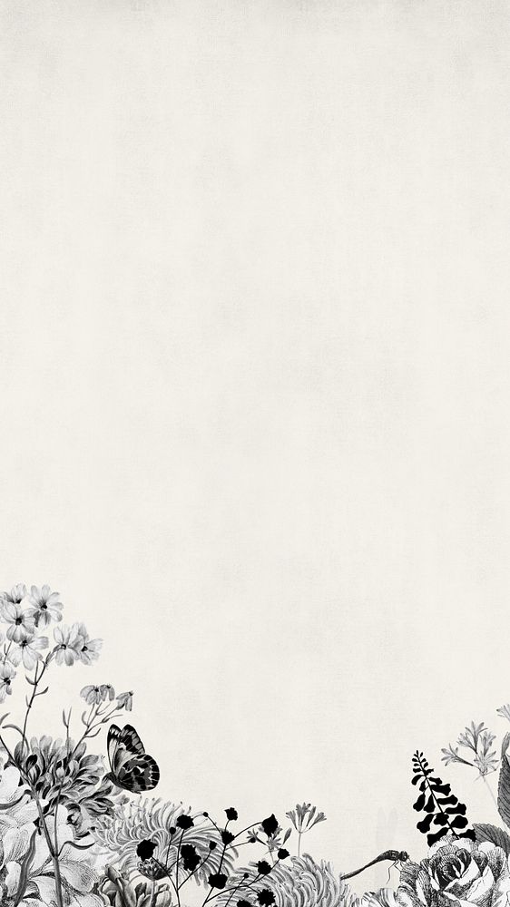 Vintage flower border mobile wallpaper, black and white botanical illustration, editable design