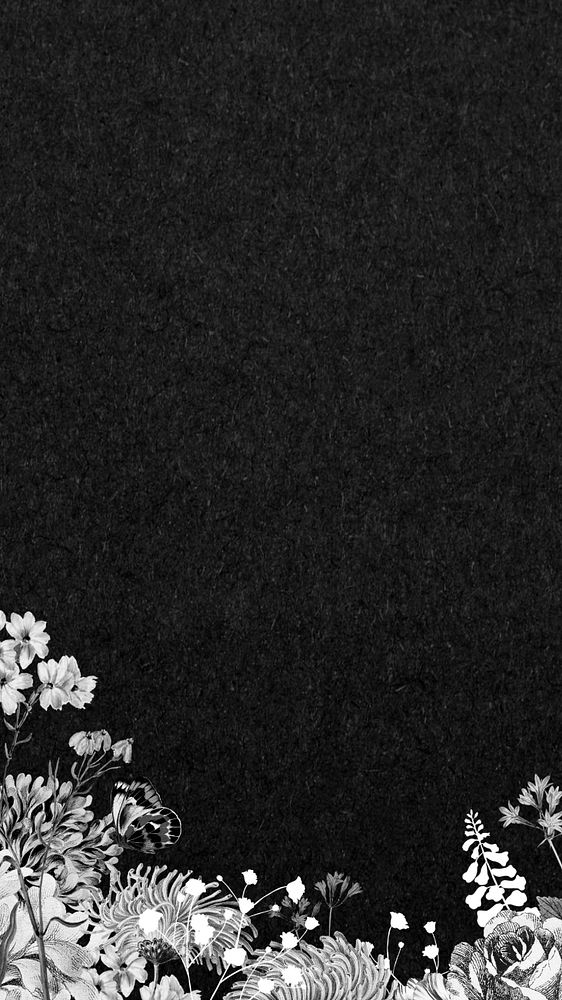 Vintage flower border mobile wallpaper, black and white botanical illustration, editable design