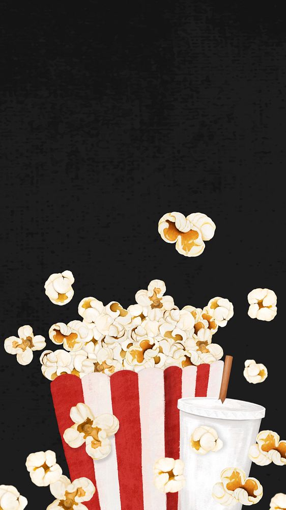 Popcorn movie snacks iPhone wallpaper, black food background, editable design