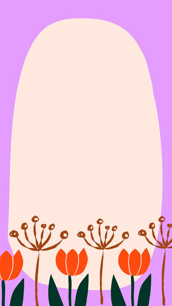 Tulip flower frame phone wallpaper, cute Spring doodle phone wallpaper, editable design