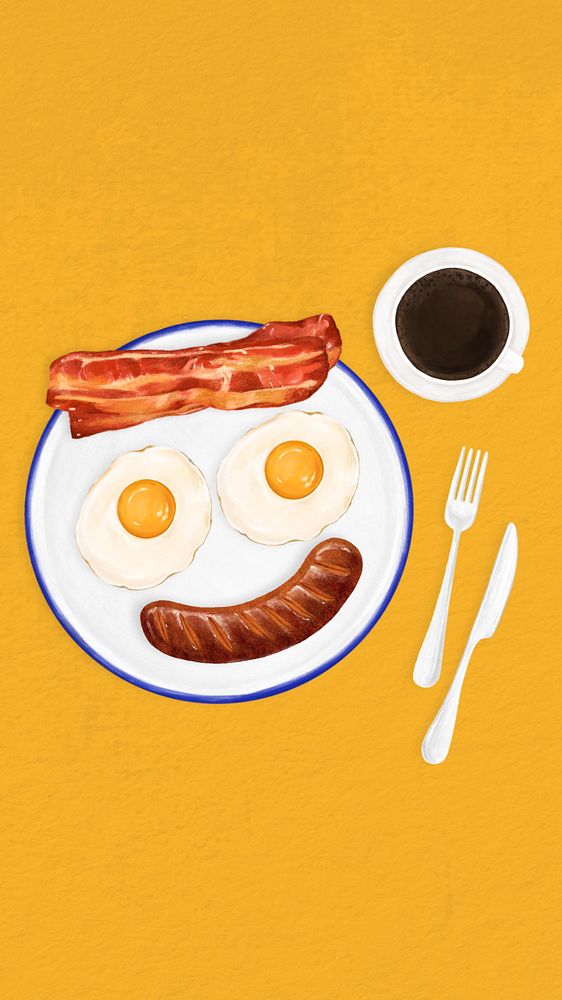 Cute breakfast mobile wallpaper, sunny side up and bacon illustration, editable design