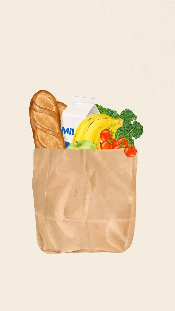 Food grocery bag phone wallpaper, beige background, editable design