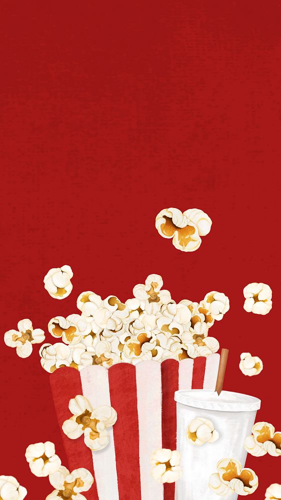 Popcorn movie snacks iPhone wallpaper, red food background, editable design