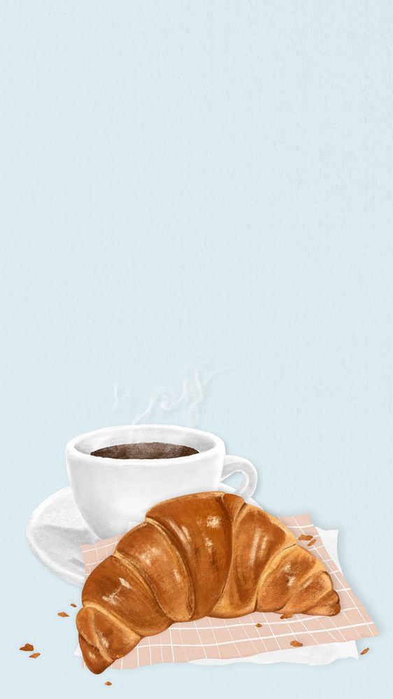 Blue croissant breakfast iPhone wallpaper, aesthetic food illustration, editable design