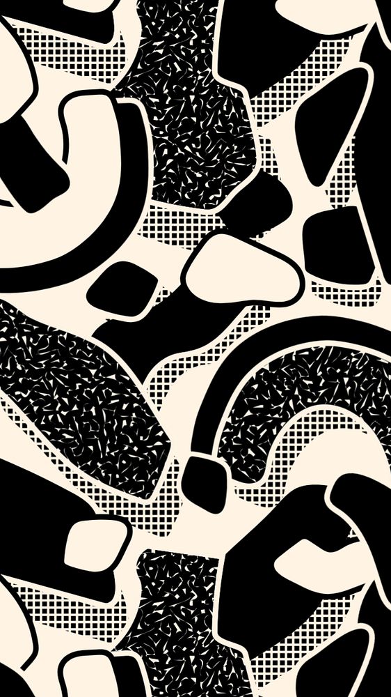 Black abstract pattern phone wallpaper, organic shapes background, editable design