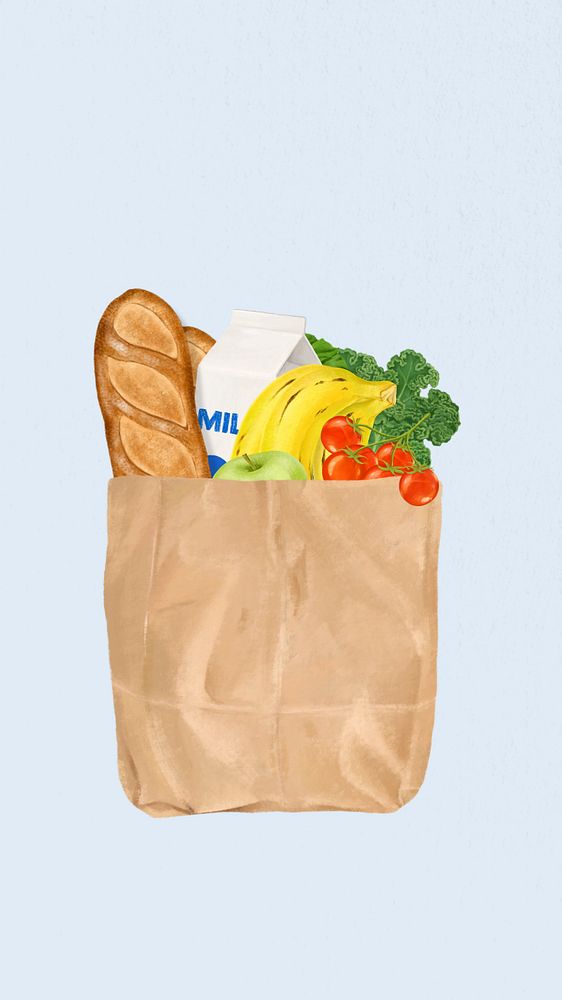 Food grocery bag phone wallpaper, blue background, editable design