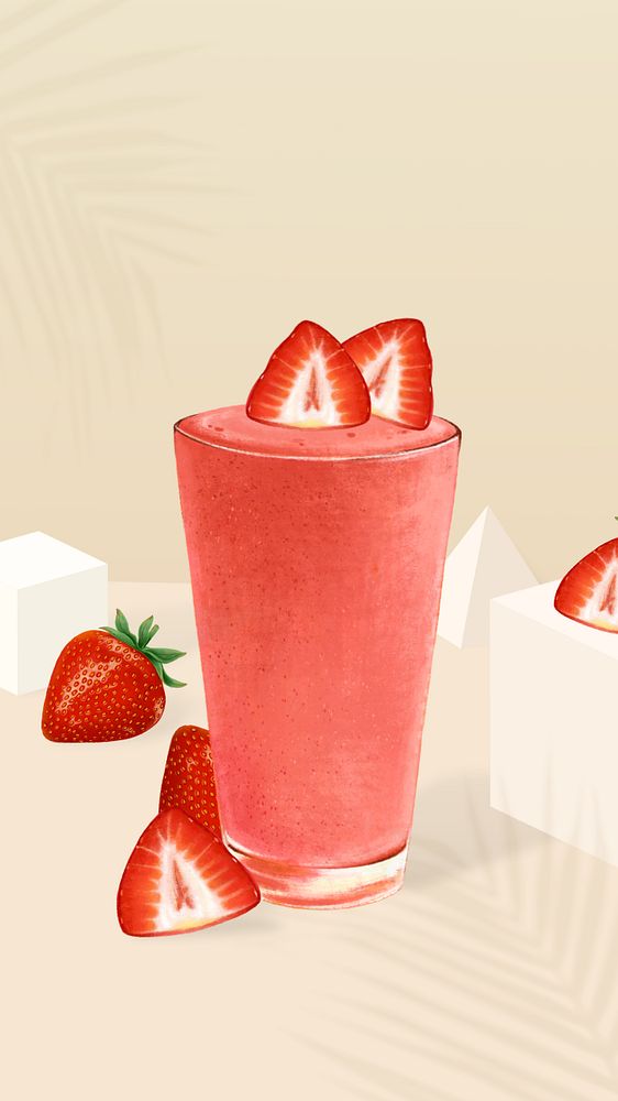 Strawberry smoothie glass phone wallpaper, healthy drink illustration, editable design