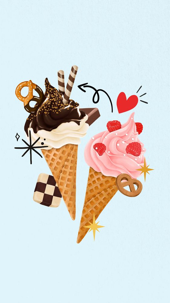 Cute ice-cream cone mobile wallpaper, dessert illustration, editable design