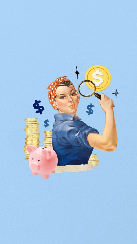 Money saving finance phone wallpaper, vintage woman editable illustration. Remixed by rawpixel.