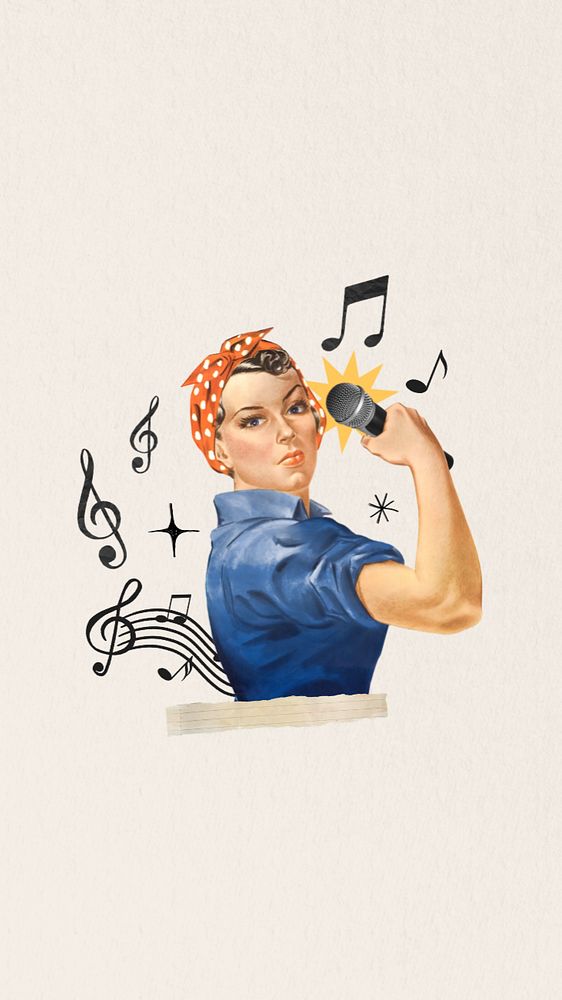 Woman singer music phone wallpaper, editable vintage illustration. Remixed by rawpixel.