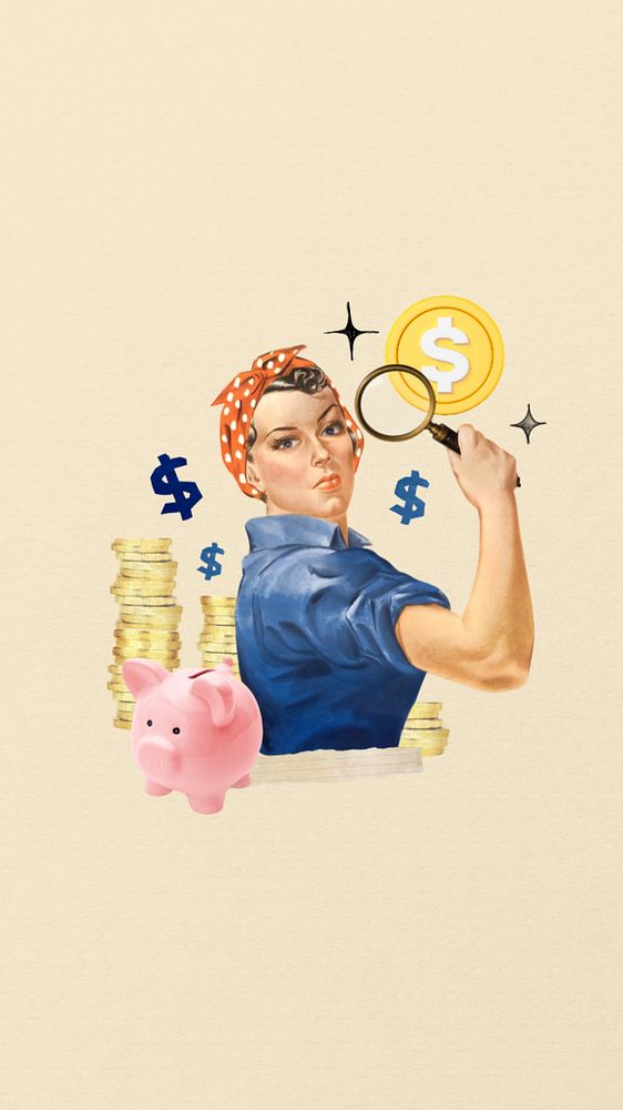 Money saving finance phone wallpaper, vintage woman editable illustration. Remixed by rawpixel.