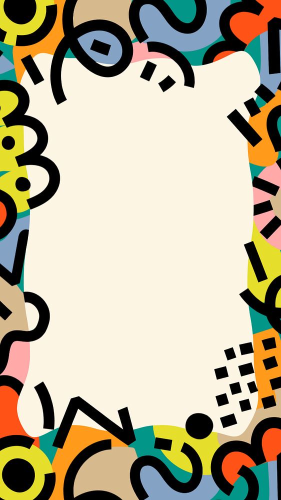 Colorful abstract memphis iPhone wallpaper, doodle art patterned frame background, editable design