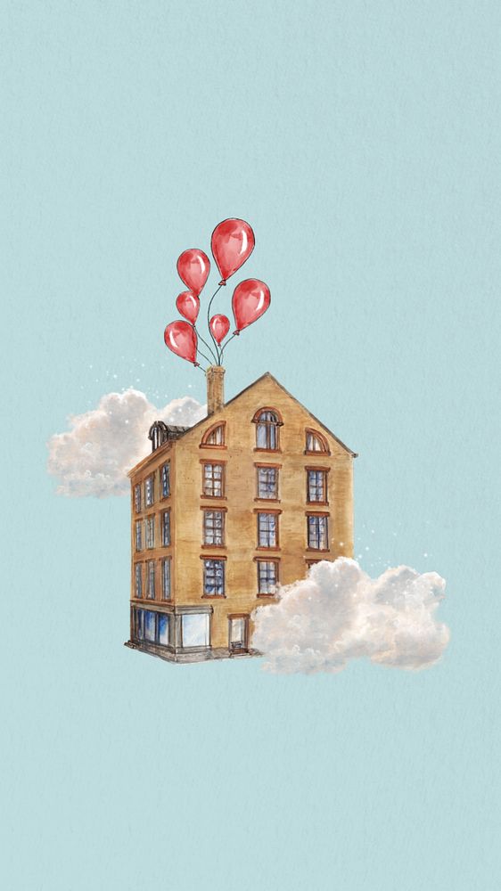 Floating building balloon mobile wallpaper editable collage. Remixed by rawpixel.