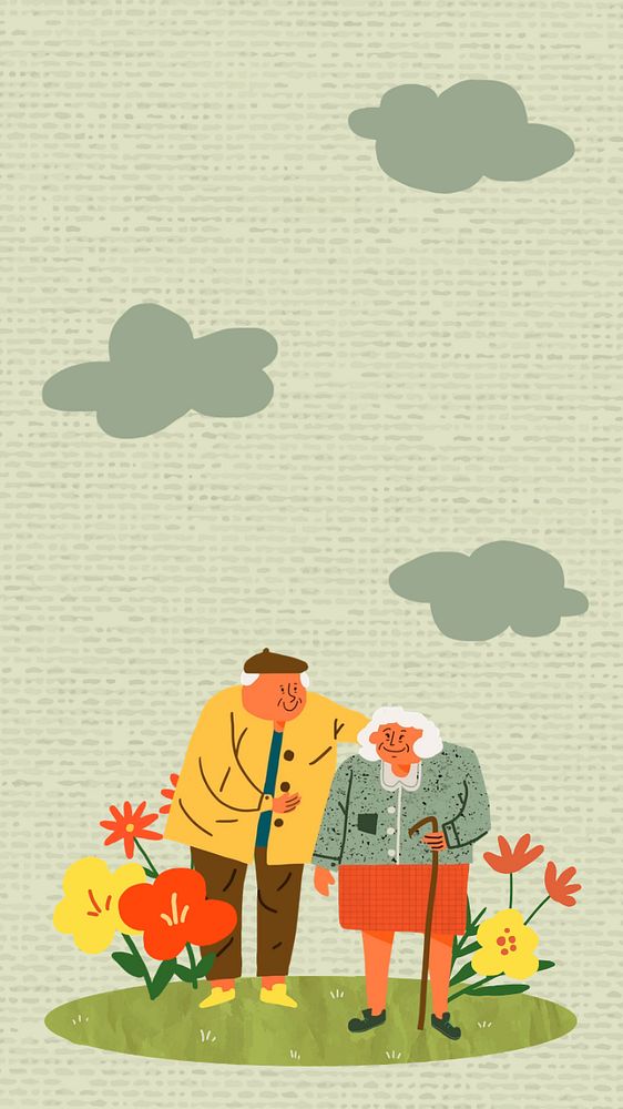 Cute old couple phone wallpaper, editable design