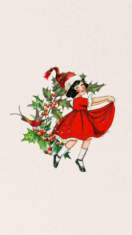 Dancing Christmas girl phone wallpaper, editable vintage festive background. Remixed by rawpixel.