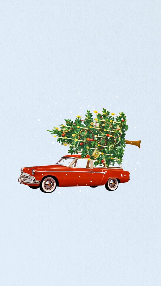 Christmas tree car iPhone wallpaper, editable vintage background. Remixed by rawpixel.