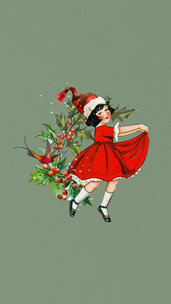 Dancing Christmas girl phone wallpaper, editable vintage festive background. Remixed by rawpixel.