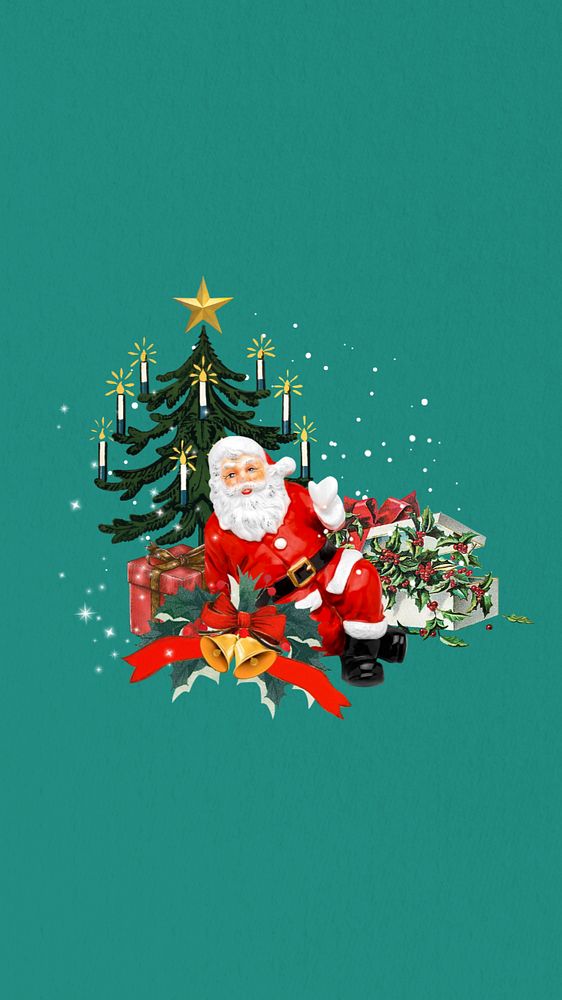 Vintage Santa Claus mobile wallpaper, editable Christmas collage background. Remixed by rawpixel.