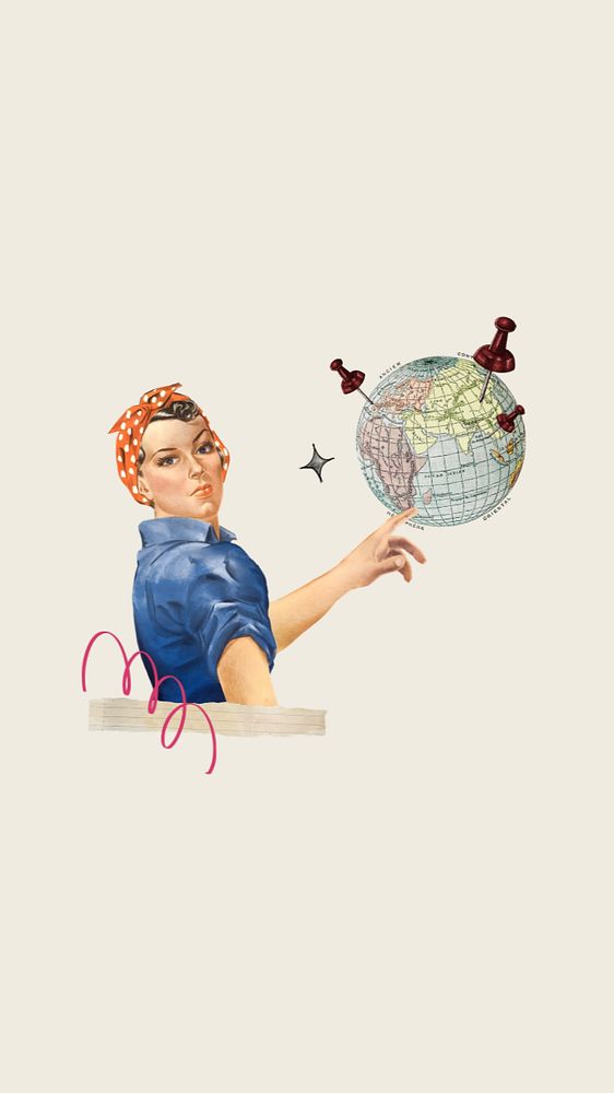 Pinned globe travel phone wallpaper, vintage woman editable illustration. Remixed by rawpixel.