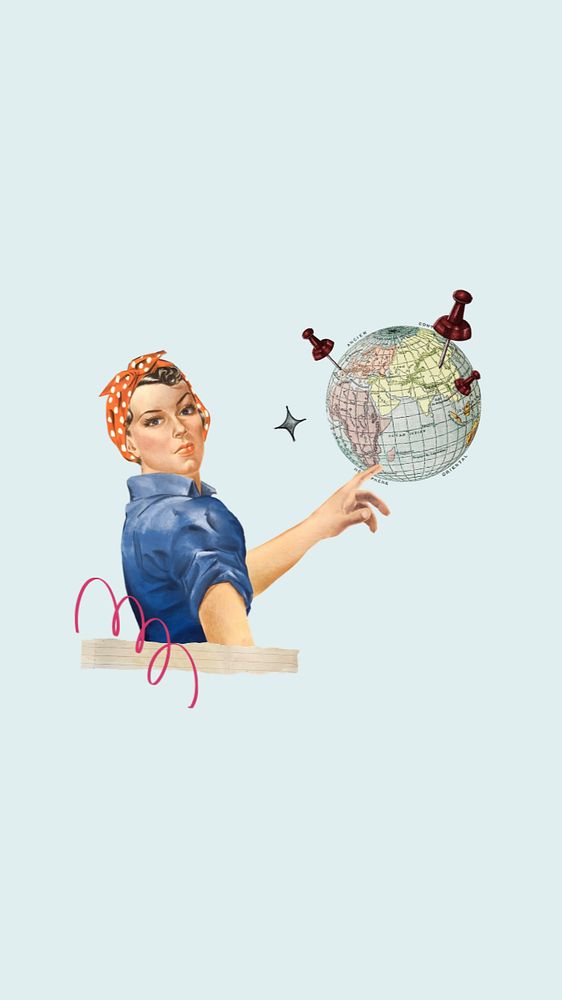 Pinned globe travel phone wallpaper, vintage woman editable illustration. Remixed by rawpixel.