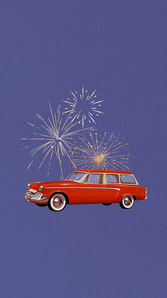 Classic car fireworks phone wallpaper editable collage