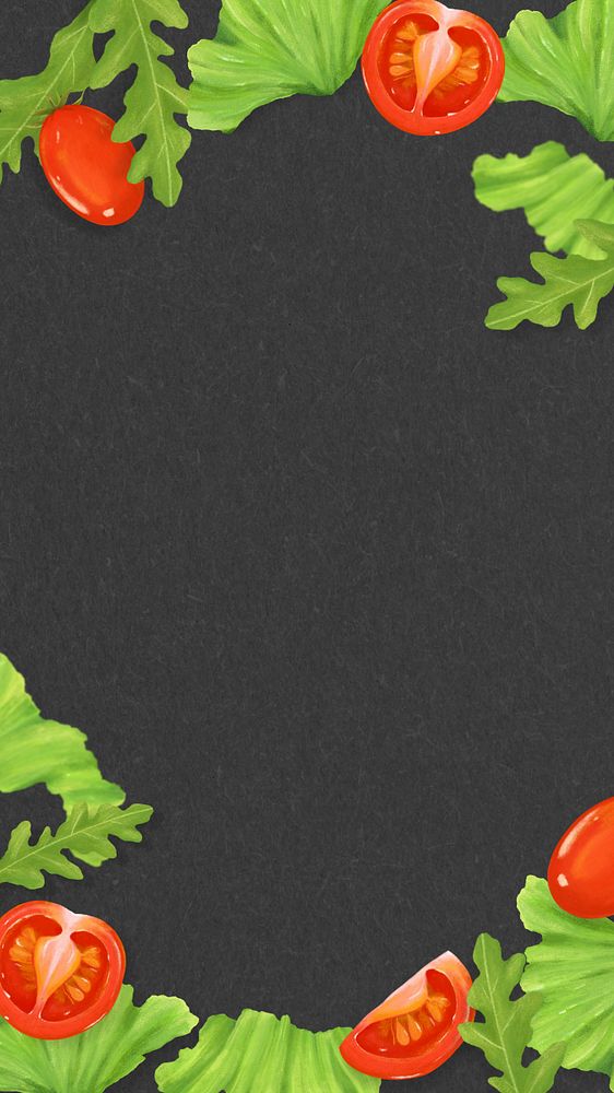 Salad vegetables frame phone wallpaper, black textured background, editable design