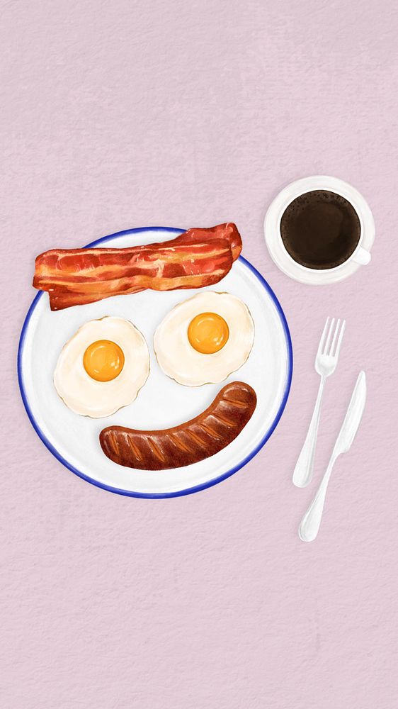 Cute breakfast mobile wallpaper, sunny side up and bacon illustration, editable design