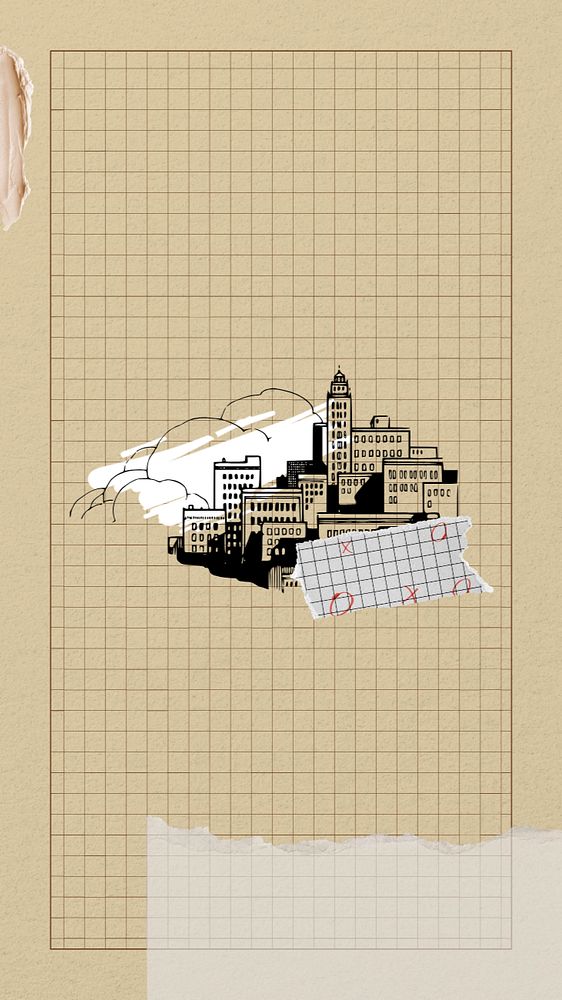 City buildings phone wallpaper, paper collage art, editable design