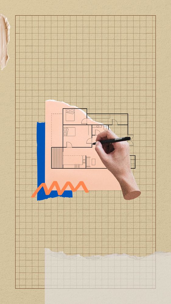 Architecture drawing collage phone wallpaper, grid patterned background, editable design