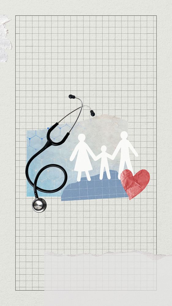 Family's health phone wallpaper, paper collage art, editable design