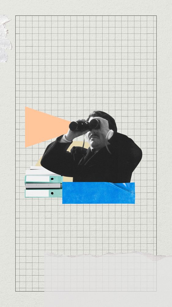 Businessman using binoculars phone wallpaper, paper collage art, editable design