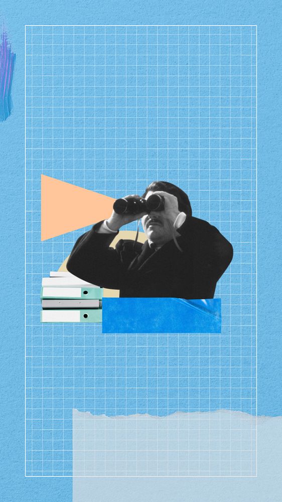 Businessman using binoculars phone wallpaper, paper collage art, editable design