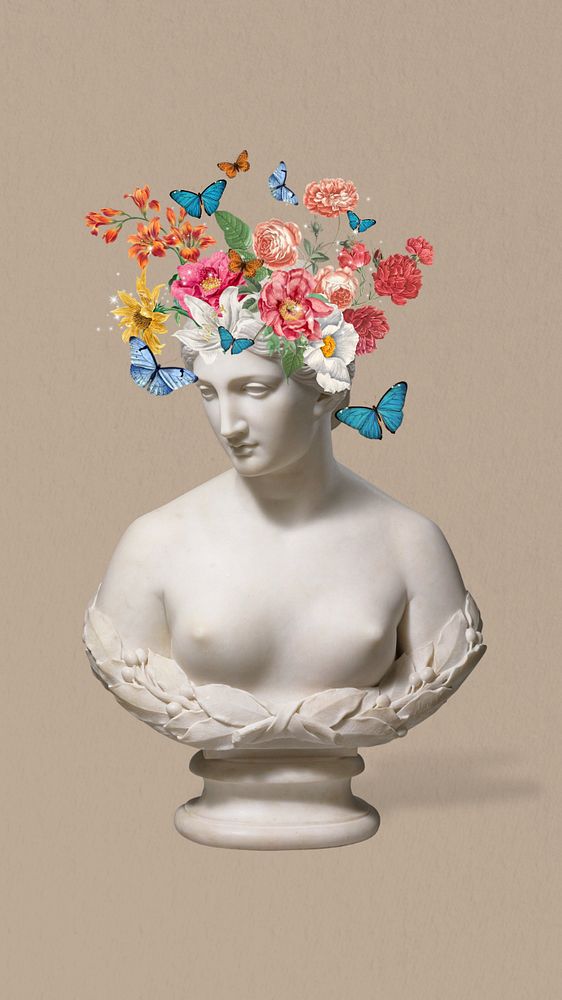 Flower head statue aesthetic phone wallpaper, editable mental health collage. Remixed by rawpixel.