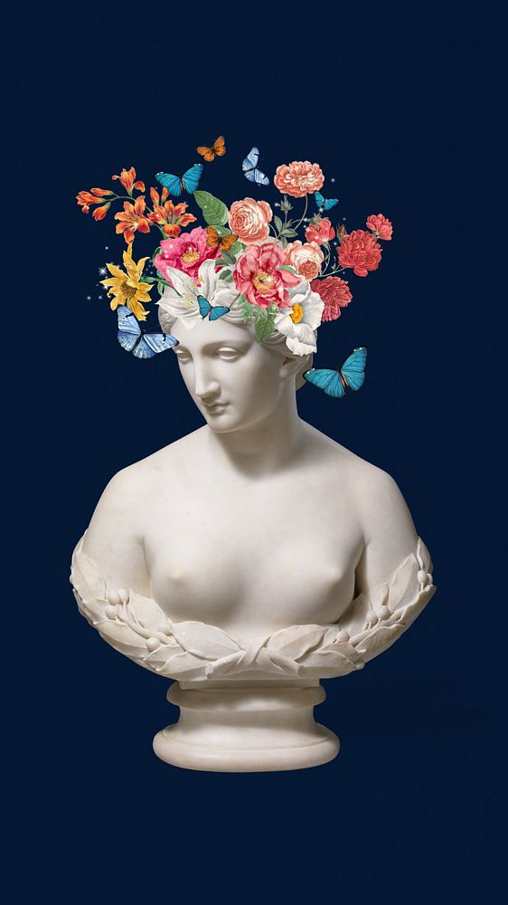 Flower head statue aesthetic phone wallpaper, editable mental health collage. Remixed by rawpixel.