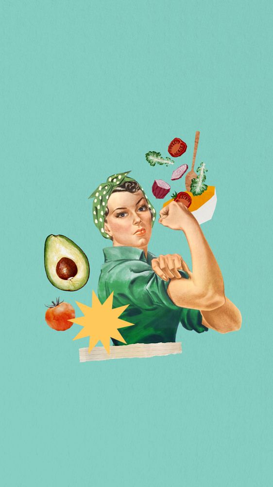 Healthy diet lifestyle phone wallpaper, flexing woman illustration. Remixed by rawpixel.