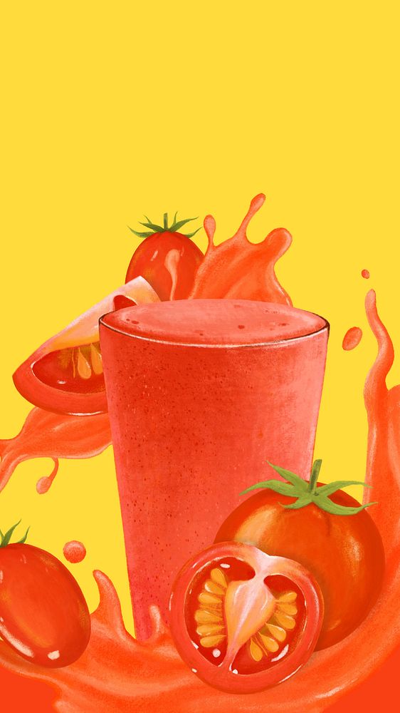 Tomato juice splash phone wallpaper, healthy drink illustration, editable design