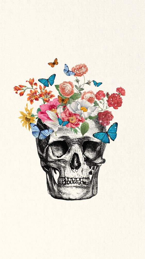 Floral skull aesthetic phone wallpaper, editable mental health collage. Remixed by rawpixel.