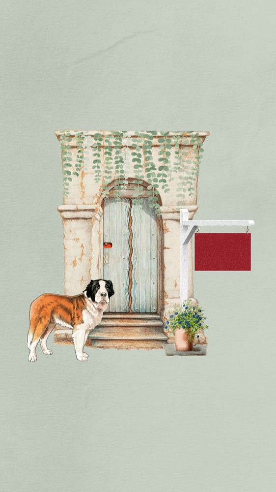 Vintage door iPhone wallpaper, editable dog collage. Remixed by rawpixel.