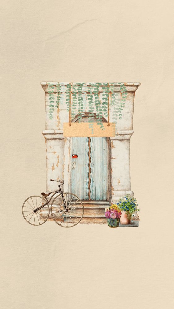 Vintage door iPhone wallpaper, bicycle editable collage. Remixed by rawpixel.