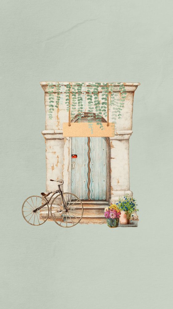 Vintage door iPhone wallpaper, bicycle editable collage. Remixed by rawpixel.