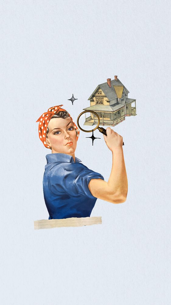 Real estate seeking phone wallpaper, vintage woman editable illustration. Remixed by rawpixel.