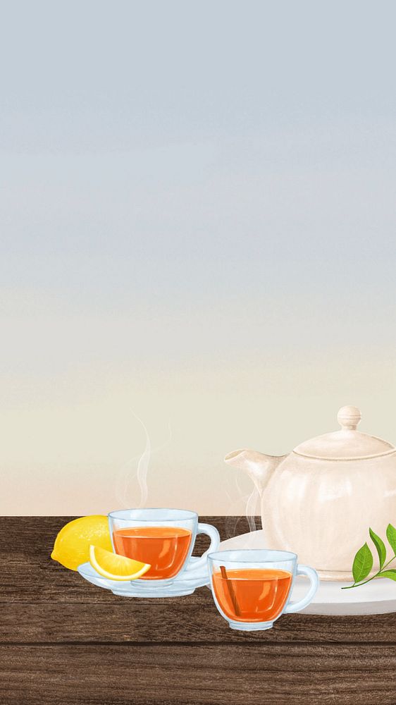 Hot lemon tea iPhone wallpaper, drinks illustration, editable design