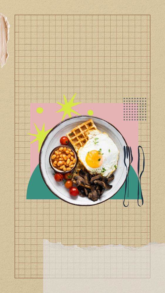 English breakfast phone wallpaper, food paper collage art, editable design