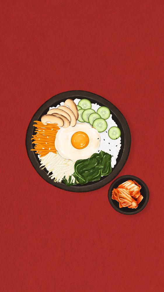 Korean bibimbap food mobile wallpaper, Asian cuisine illustration, editable design